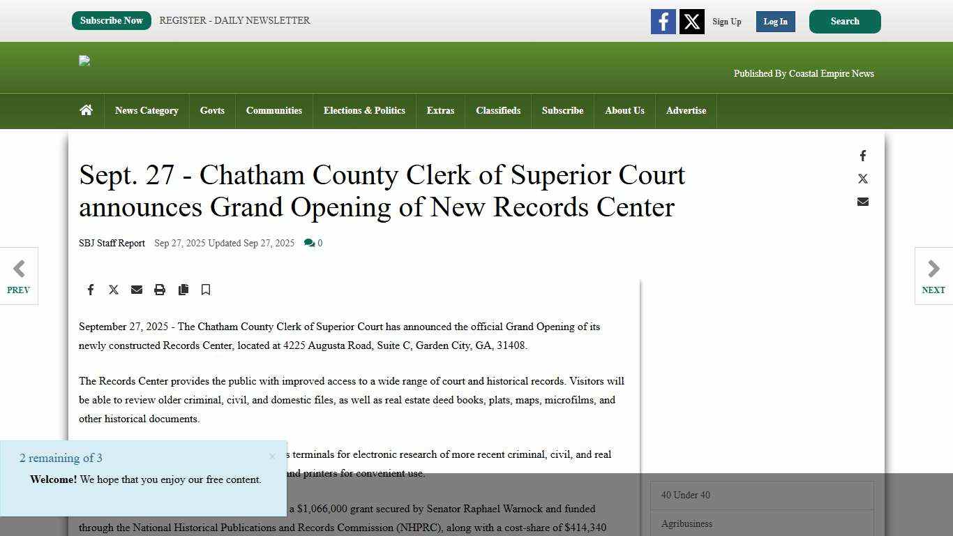 Sept. 27 - Chatham County Clerk of Superior Court announces Grand Opening of New Records Center Local Govts & Politics savannahbusinessjournal.com